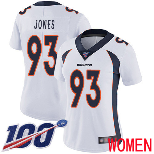Women Denver Broncos #93 Dre Mont Jones White Vapor Untouchable Limited Player 100th Season Football NFL Jersey->women nfl jersey->Women Jersey